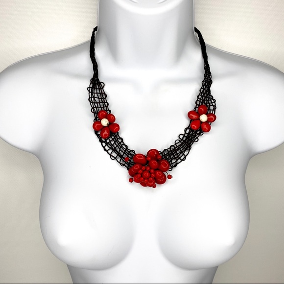 Artisan Red Flower Boho Cord Necklace & Bracelet - Picture 12 of 16